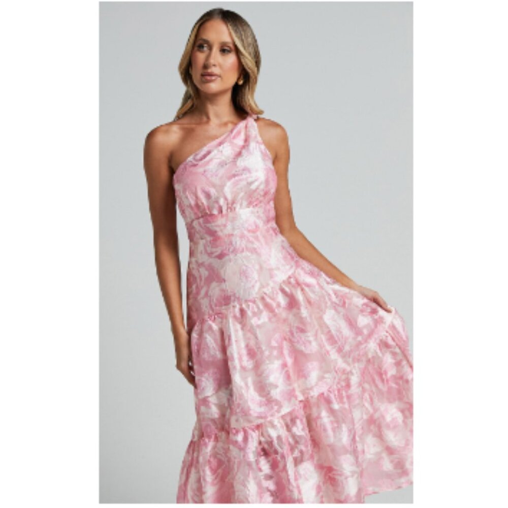 NWT Showpo. Lettie Midi Dress One Shoulder Tiered Blurred Rose Women's US 6 - Picture 2 of 15